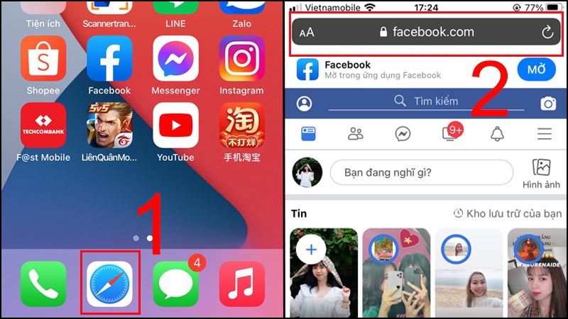 Bạn vào trình duyệt Safari > Vào Facebook.